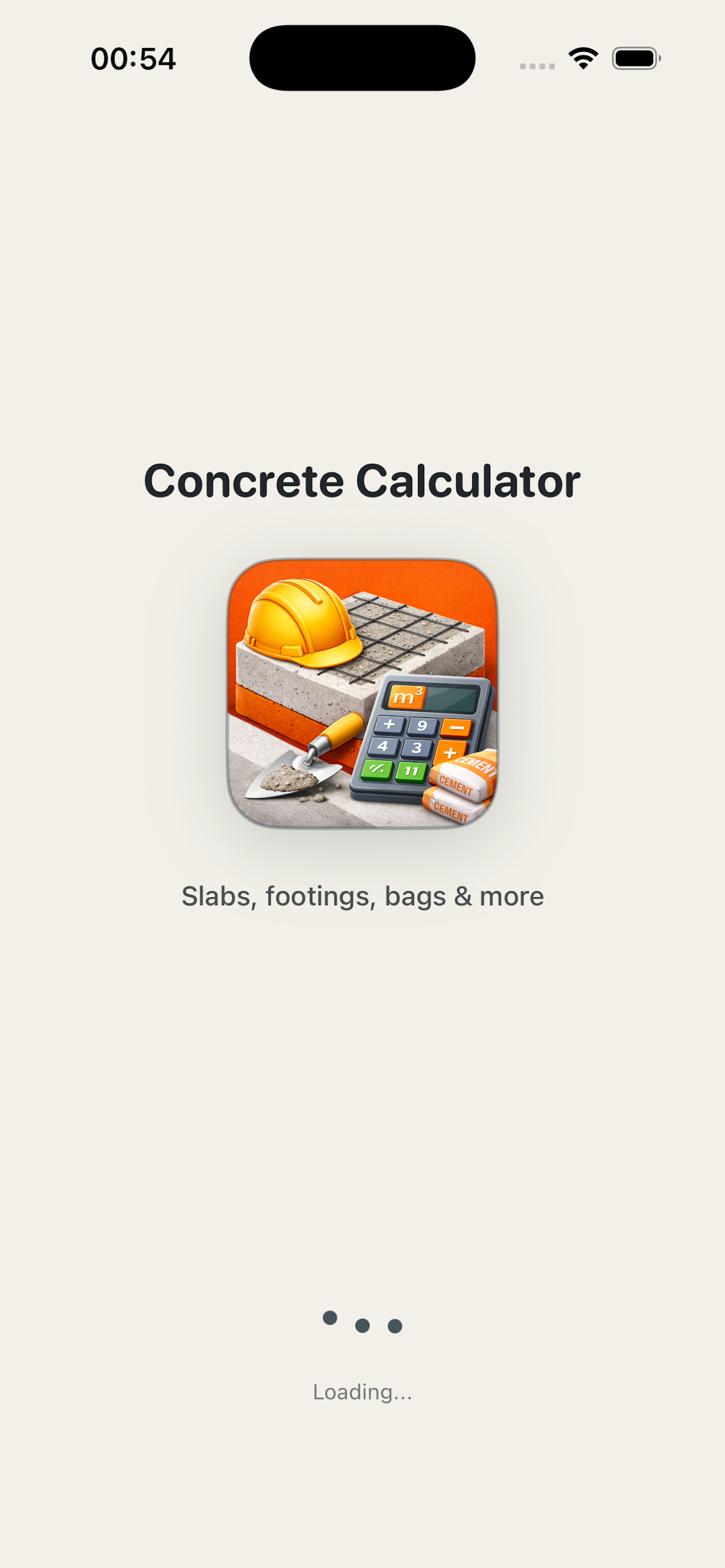 Concrete Calculator main screen