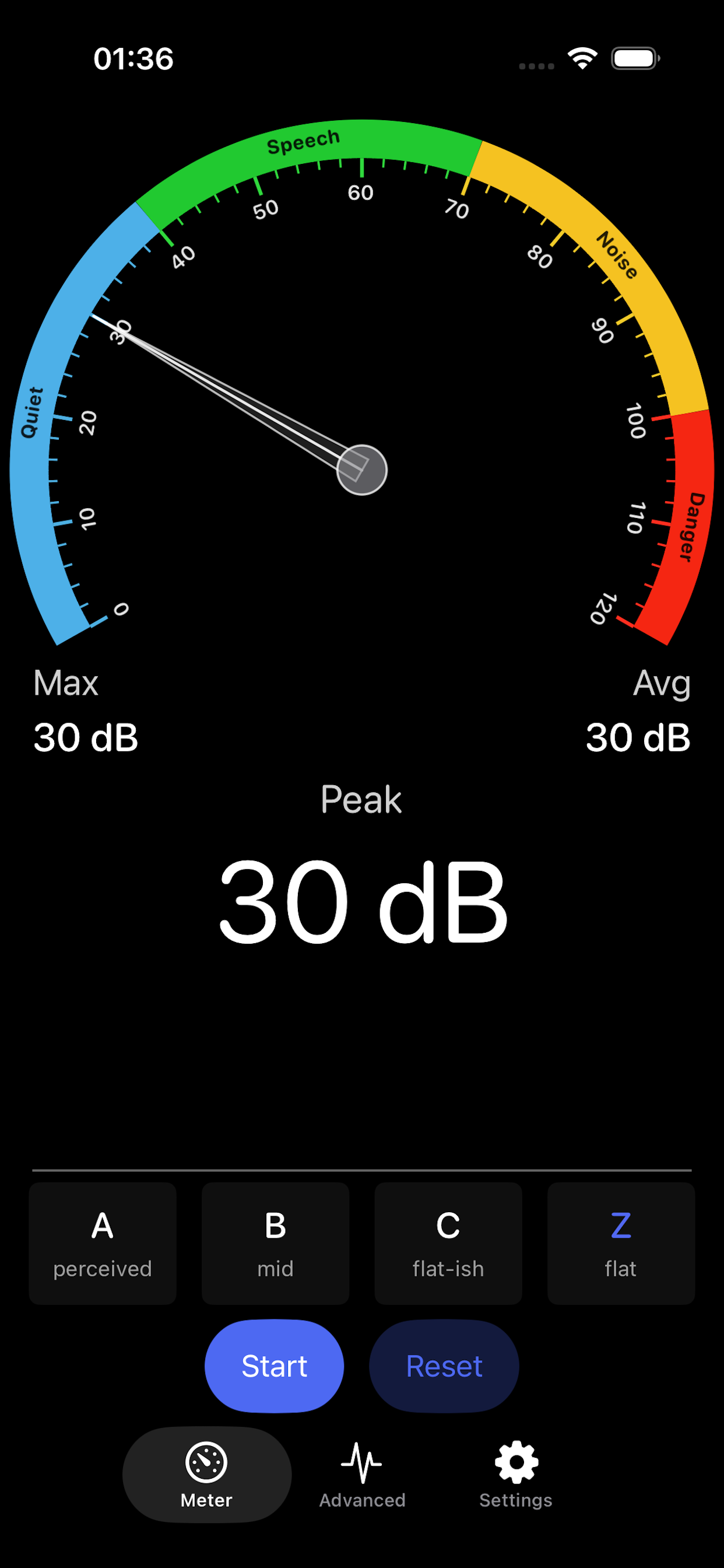 Decibel Meter — advanced analysis screen