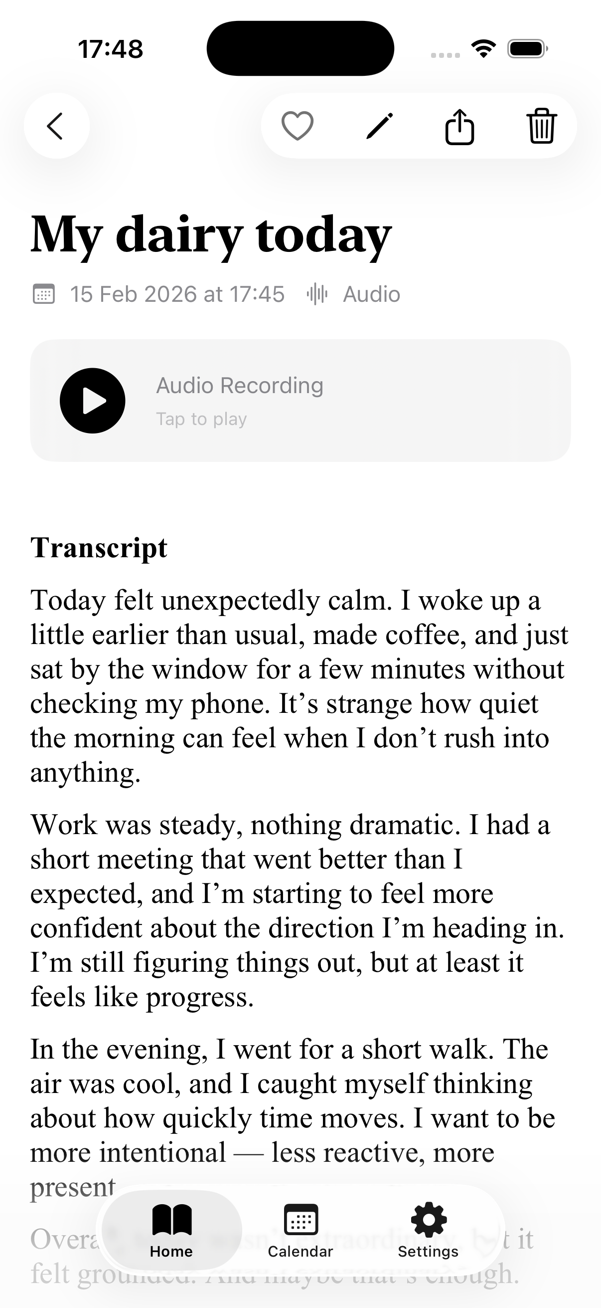 JournalFlow calendar and entries
