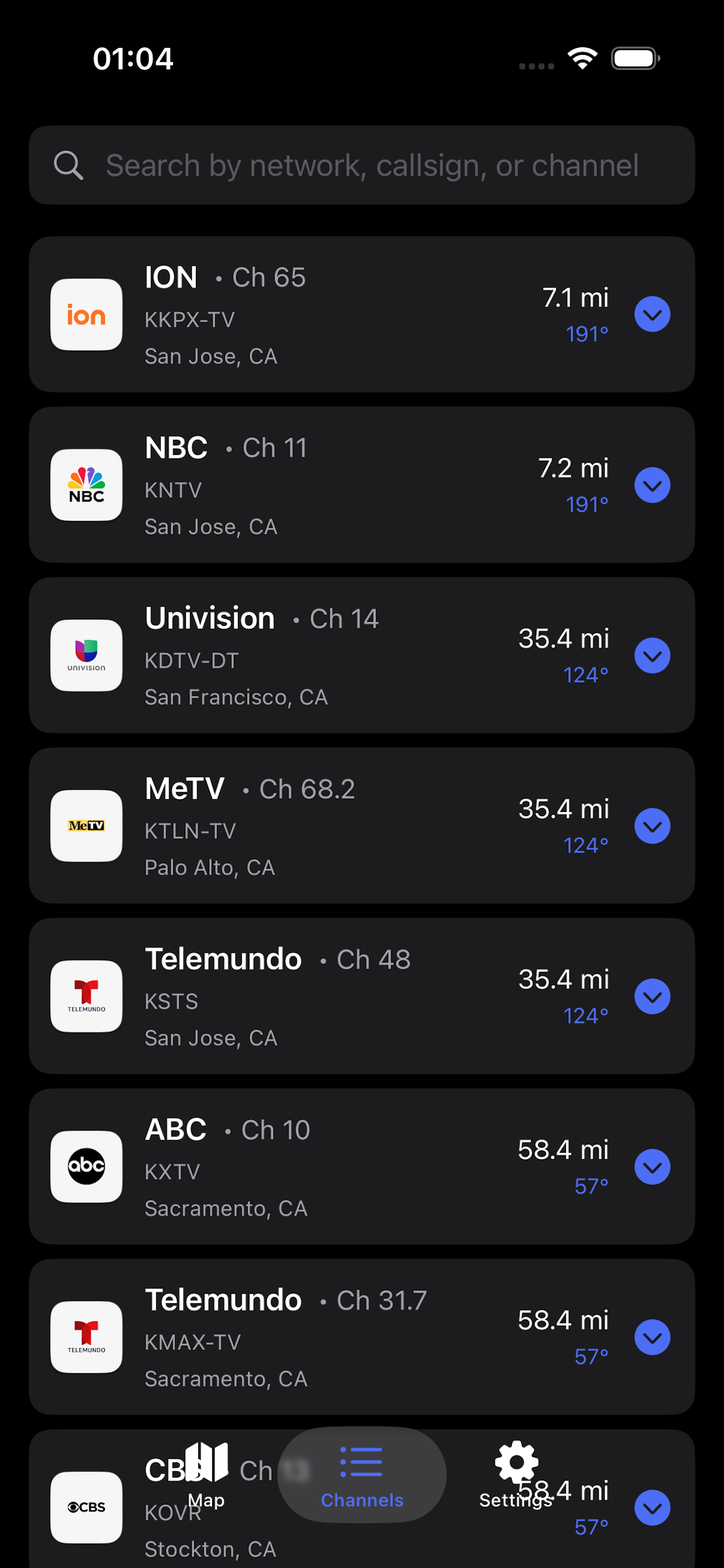 Signal strength and station details